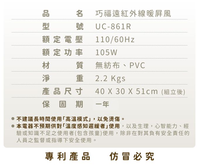 巧福 CHIAO FU - 遠紅外線暖屏風 四折踏板款 UC-861R