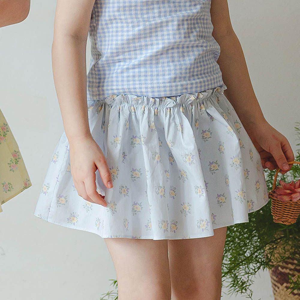 鬆緊腰碎花裙裝飾格紋彈力褲-淺藍