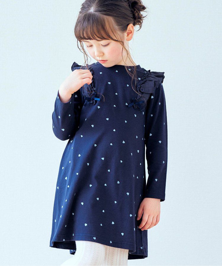 日本 apres les cours - 肩部荷葉印花薄長袖洋裝-愛心-海軍藍