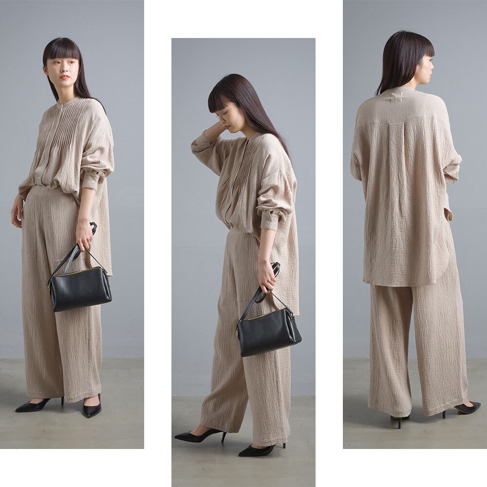 日本女裝代購 - 二重紗純棉風琴褶長袖上衣-黑