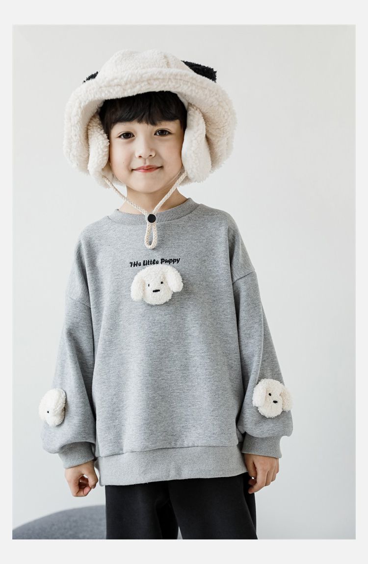 TONGMO - (加絨)立體圓領保暖長袖上衣/大學T-狗狗-淺麻灰色