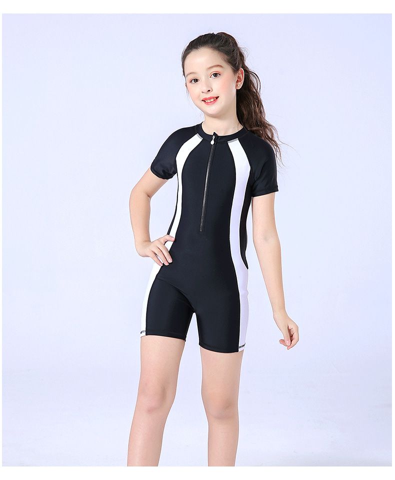 運動風短袖連身泳裝-裙子款-粉+藍