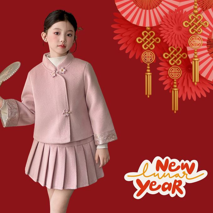 中式旗袍領盤扣毛呢外套百褶裙套裝