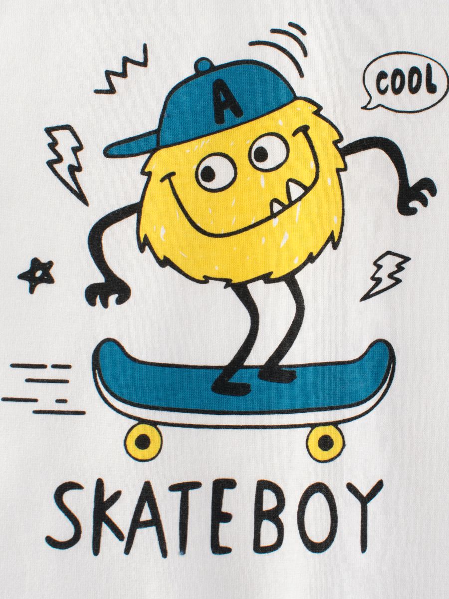 純棉圓領薄長袖上衣-毛茸妖怪-海軍藍+米白