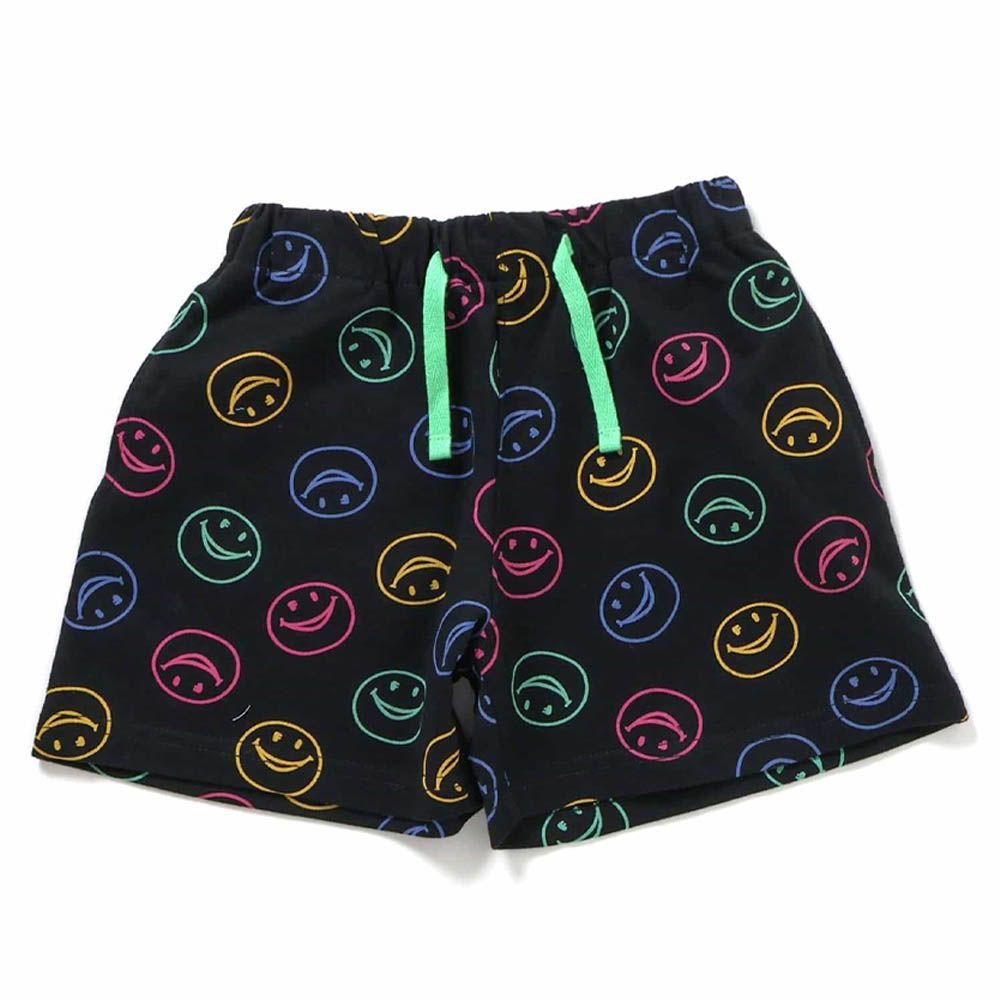 [必收]100%棉 舒適鬆緊印花短褲-滿版笑臉-灰黑