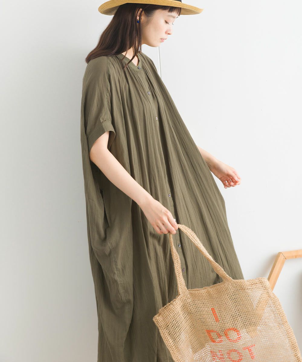 日本女裝代購 - 100%印度棉 文藝感排扣五分袖洋裝-米白