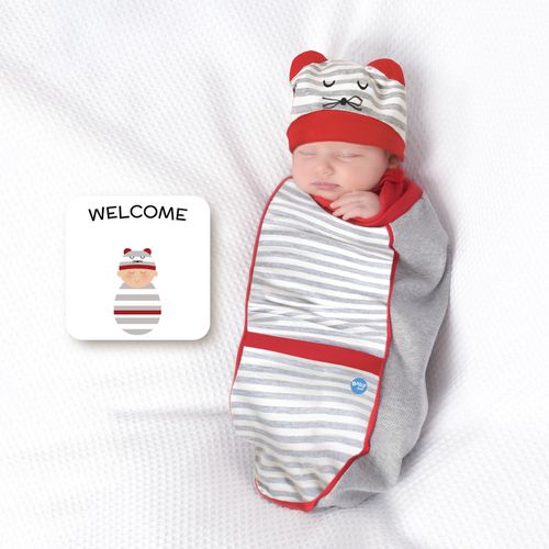 BABYjoe - 美國製純棉手工新生彌月包巾套組-彎彎笑鼠來寶寶-灰色 (適合0-4個月或7公斤以下新生寶寶)-150g