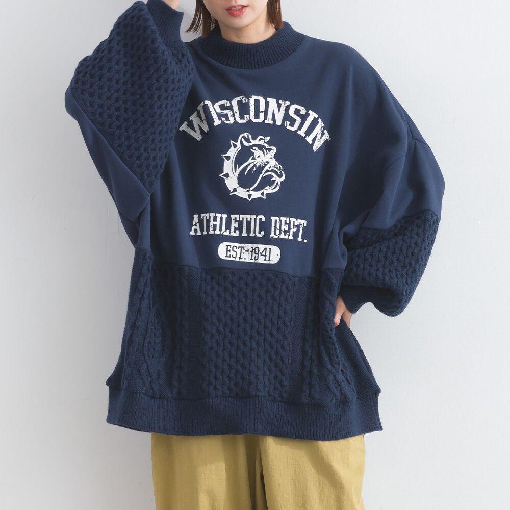 鬥牛犬印花粗針織拼接裏毛長袖上衣-海軍藍