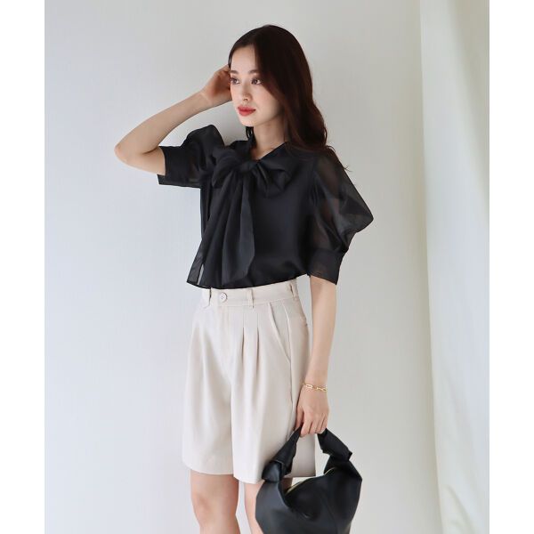 日本 BLUE EAST - 氣質薄紗蝴蝶結泡泡短袖上衣-白