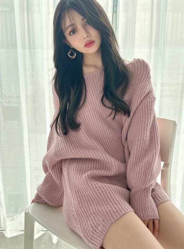 日本 GRL - 大圓領露肩針織短版洋裝-可可棕 (F)