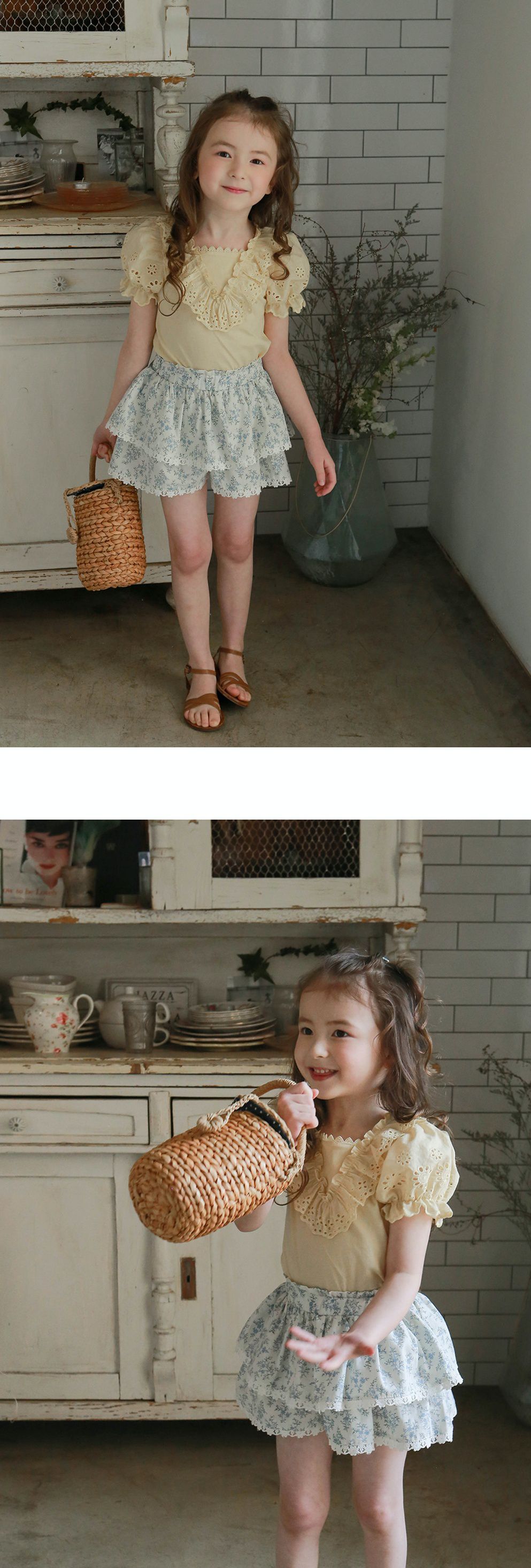 韓國 PuellaFLO - V字荷葉鏤空公主袖上衣-鵝黃