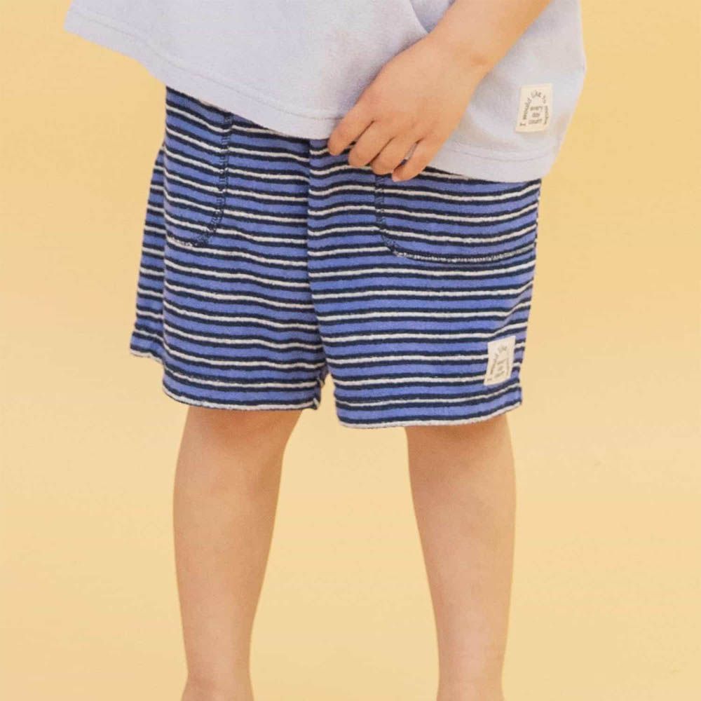 柔軟毛巾感鬆緊短褲-條紋-藍x黑
