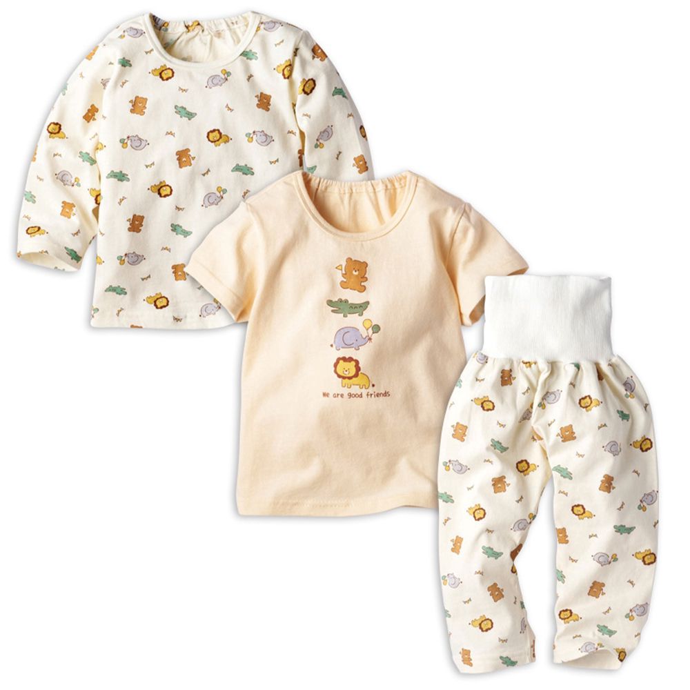 雙上衣家居服(短袖/長袖)-附肚圍 動物-淺卡其色