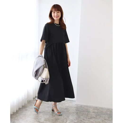 日本 BELLUNA - 森之精靈側綁帶縮腰長洋裝-靜謐黑