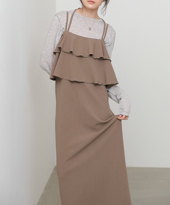 日本 Bab - 優雅綁帶層疊喬其紗細肩帶洋裝-摩卡