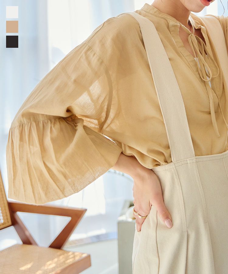 日本 Kobe Lettuce - 微透感文藝綁帶泡泡袖上衣-米白