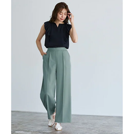 日本 Pierrot - 熱銷定番 打褶修身西裝寬褲-淺灰杏