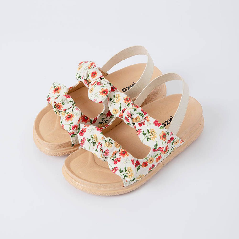 雙蝴蝶結休閒涼鞋-紅彩花卉