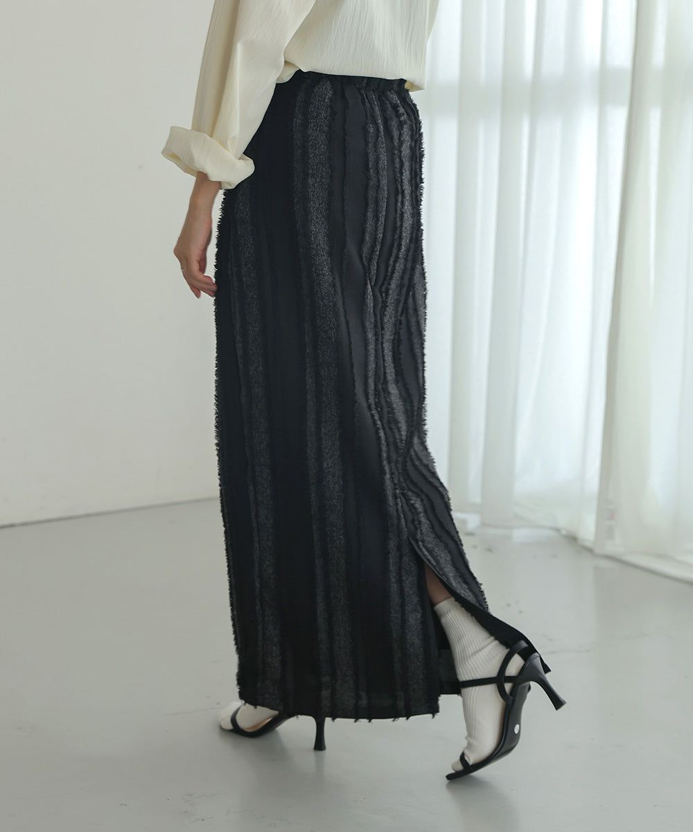 日本 Bab - 毛絨感直條顯瘦開叉長裙-黑