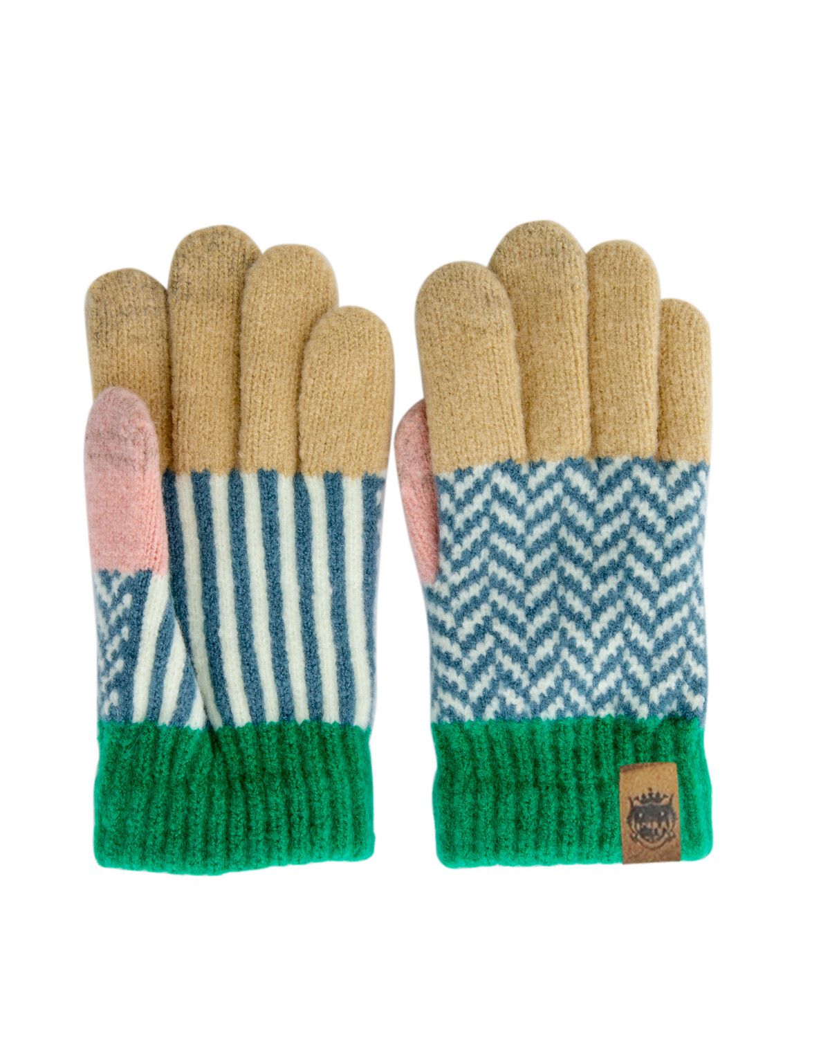 日本 BISQUE - 日本製質感小孩併指手套-圖騰-灰藍黃 (5-10y)