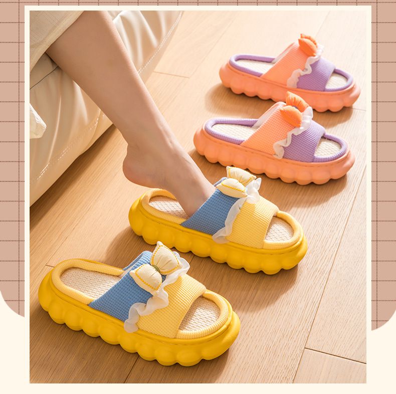 親子款厚底海綿感亞麻室內拖鞋-澎澎蝴蝶結-黃+藍