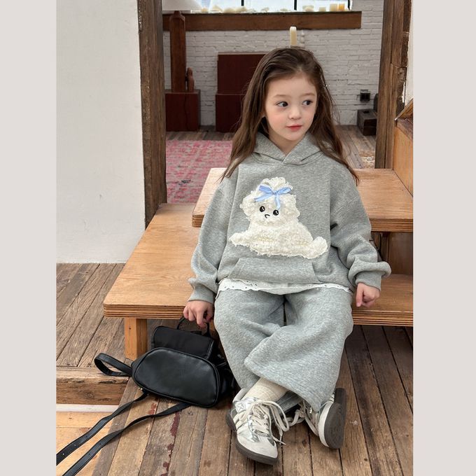 韓版立體捲毛小狗連帽衛衣運動褲套裝