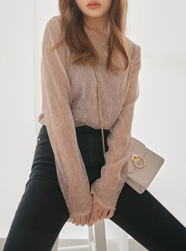 日本 GRL - 金蔥透膚捲邊上衣X細肩帶背心兩件組-星塵粉