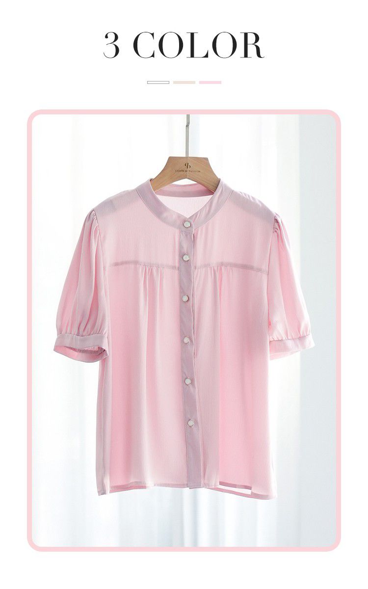 日本女裝代購 - 甜美細摺輕薄五分袖襯衫-米白