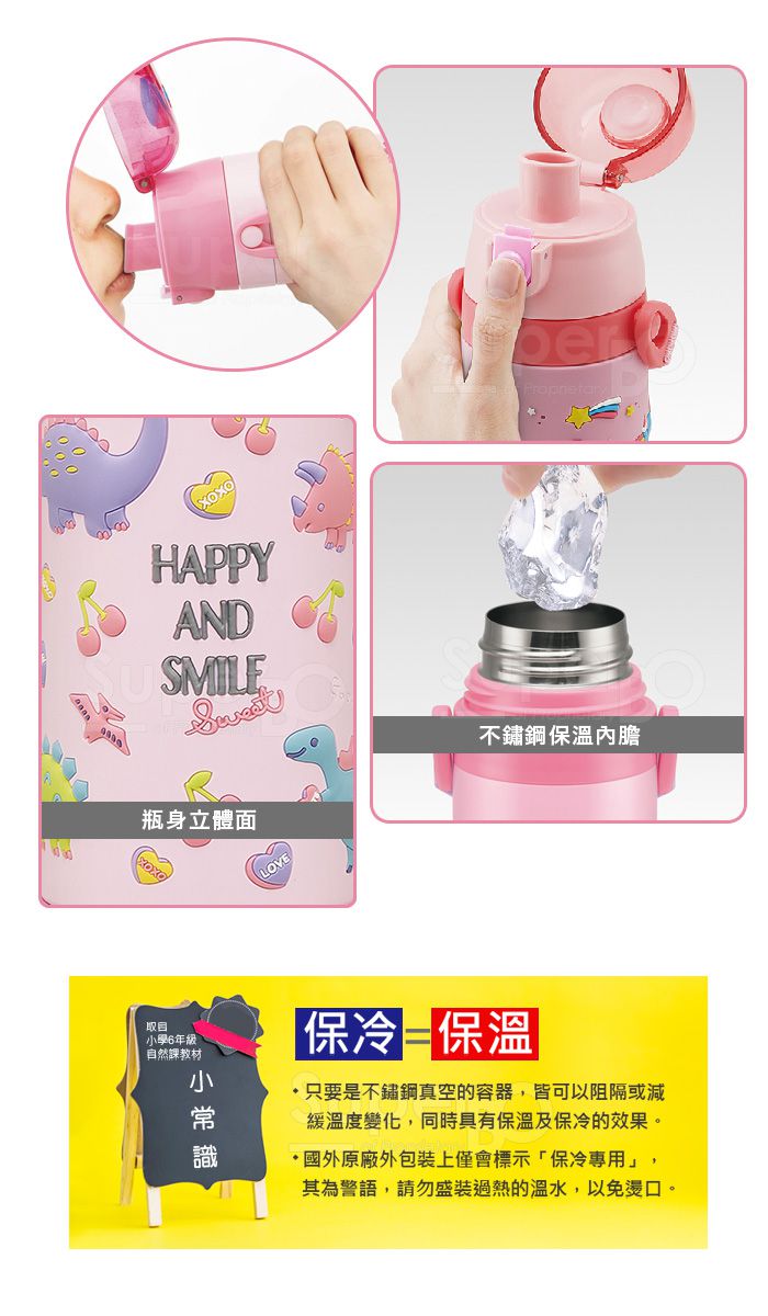 日本 SKATER - 立體不鏽鋼保溫水壺(480ml)-粉粉龍