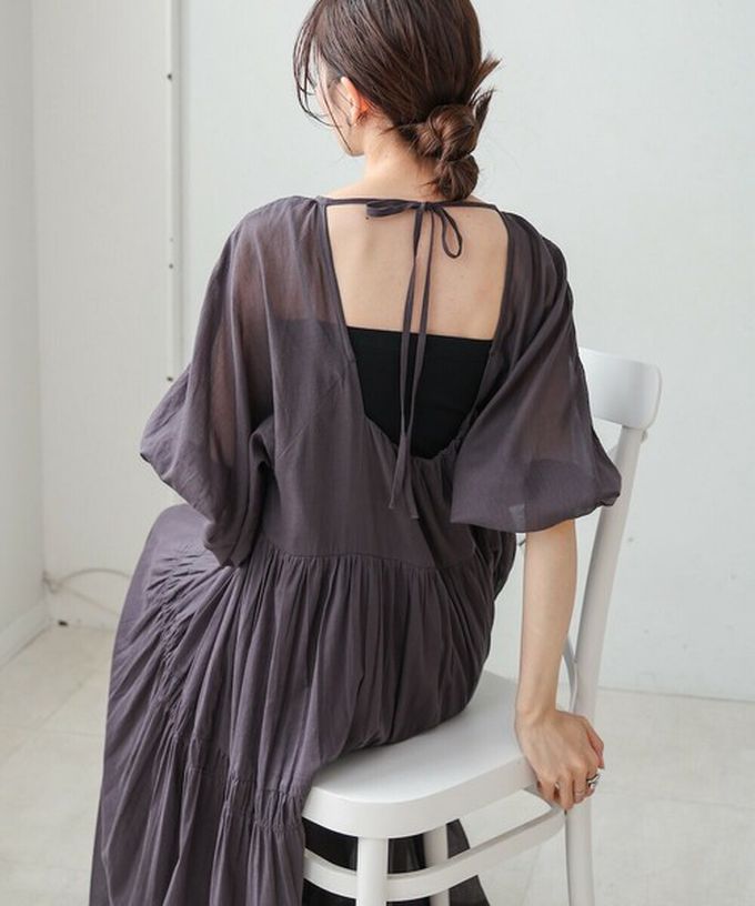 日本 Bab - 100%棉 巴里紗柔軟素色寬袖洋裝-炭灰