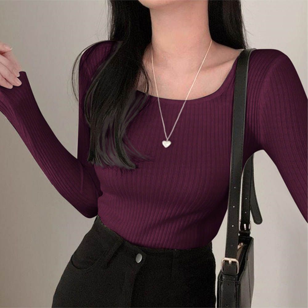 法式方領羅紋針織上衣-酒紅