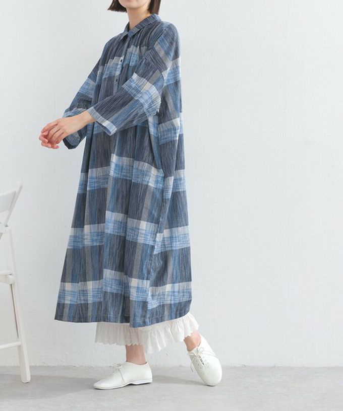 日本 Lupilien - 休閒率性格紋七分袖襯衫洋裝-藍系