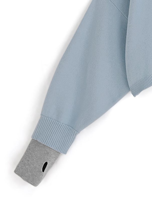 日本 GRL - 假兩件針織短版長袖上衣(附指穴)-寶貝藍x淺灰 (F)