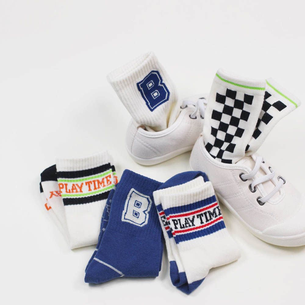 (五入組)韓製兒童中筒襪-棋盤格X英文B