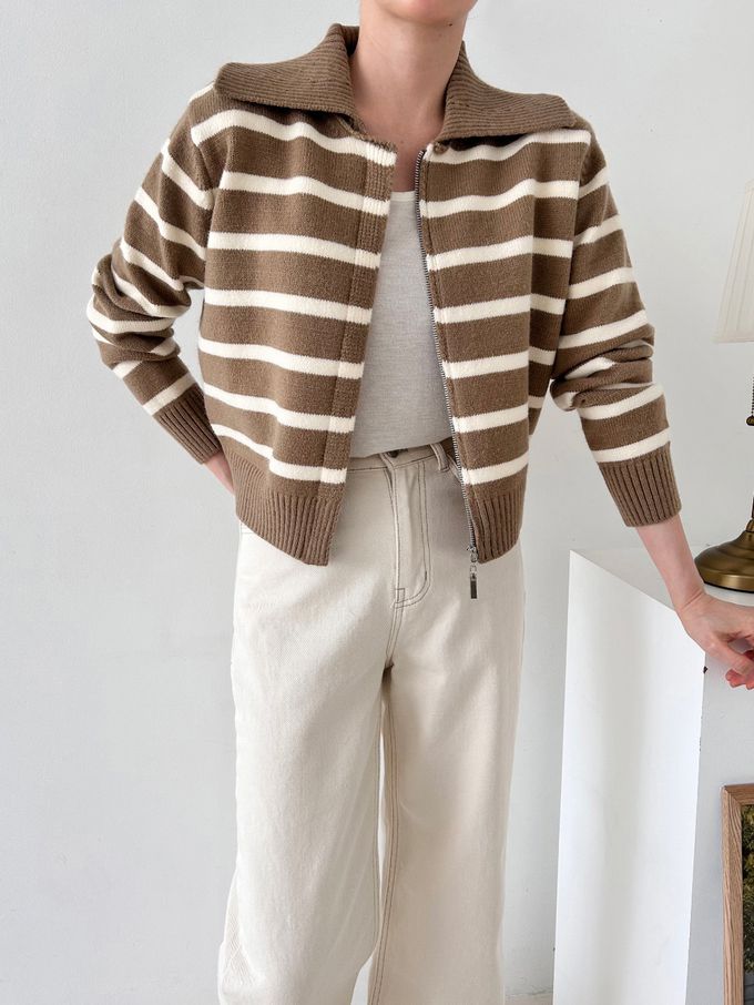 韓國女裝連線 - 溫柔條紋翻領拉鍊針織外套-摩卡咖 (FREE)
