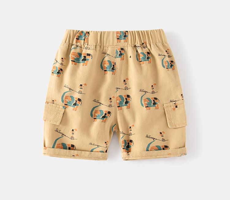 WELLKIDS - 腰鬆緊休閒五分褲-幾何大象-白色