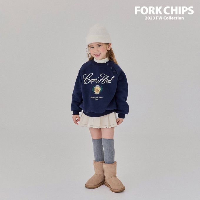 韓國 FORK CHIPS - (內磨毛)刺繡點綴圓領大學T-深藍