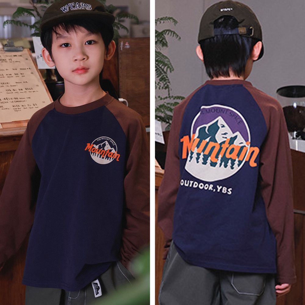 純棉圓領長袖上衣-Mountain-拼色藏青