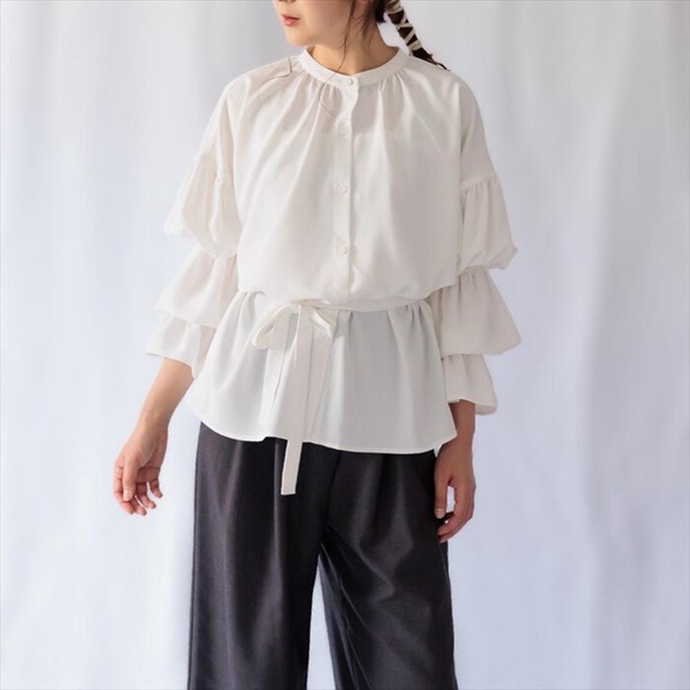 日本 ihuu - 甜美泡泡層次長袖襯衫-杏白