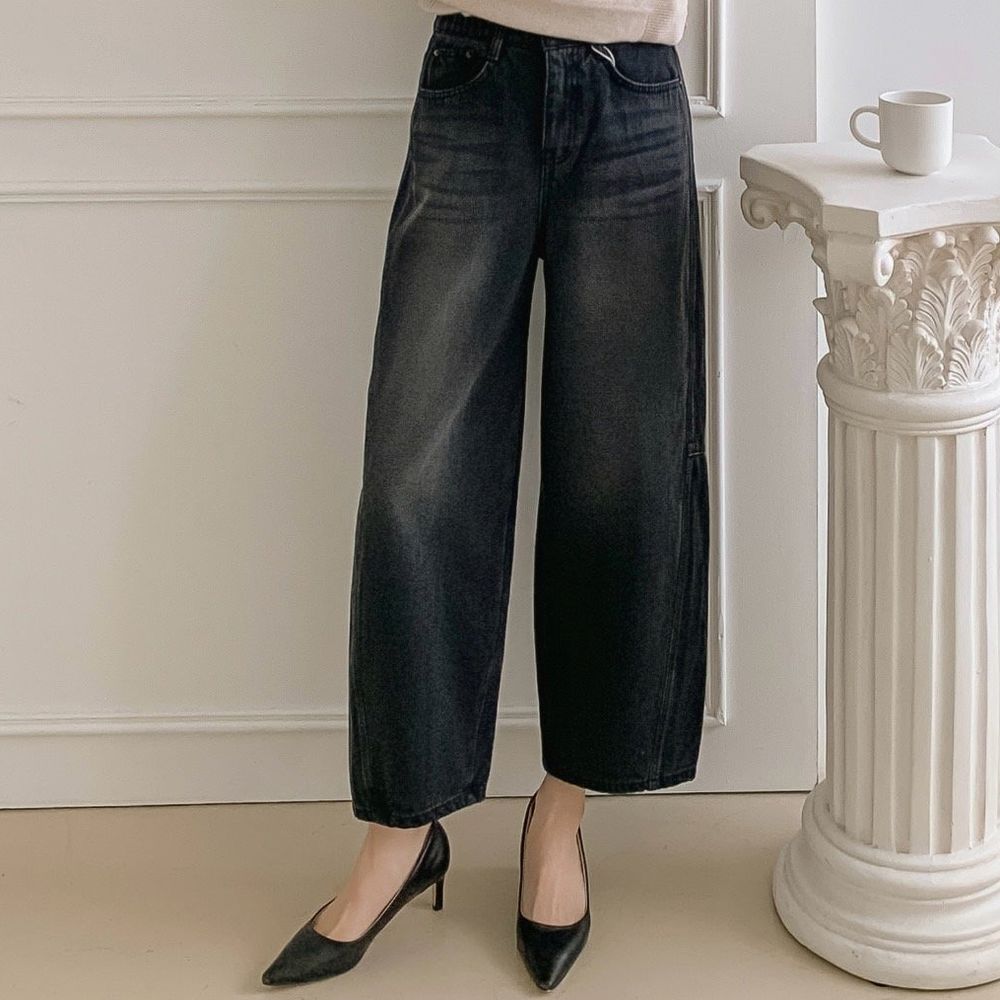 EDITION (內磨毛升溫+5度C)彈性腰廓形哈倫牛仔褲-黑