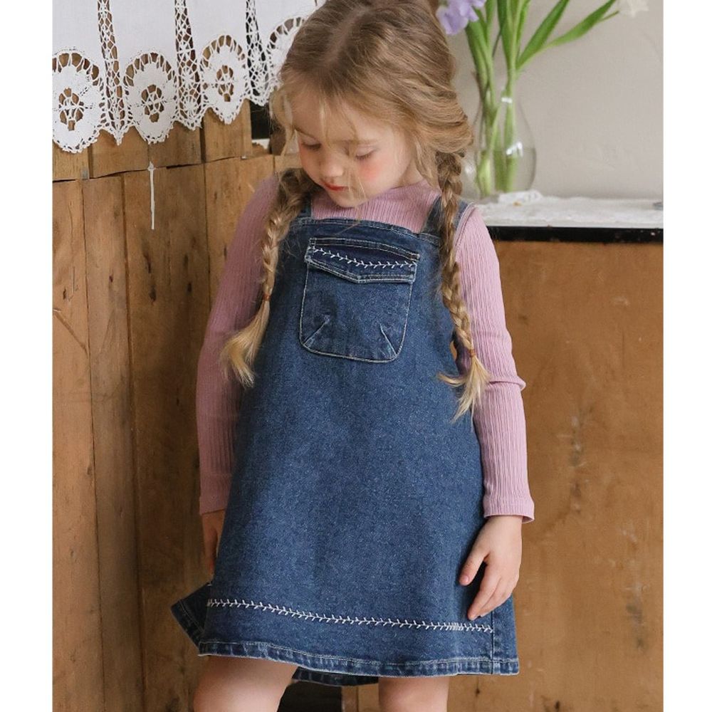 Puellaflo 清新刺繡點綴牛仔吊帶洋裝-深藍