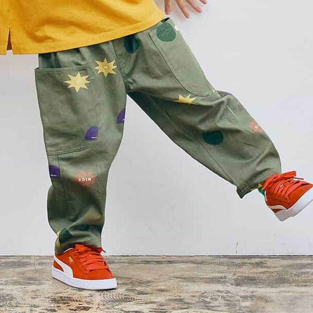 繽紛感印花斜紋布寬褲-幾何-軍綠