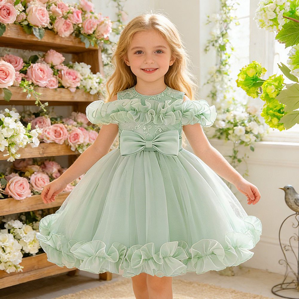 蕾絲網紗蝴蝶結腰飾澎澎禮服-綠色