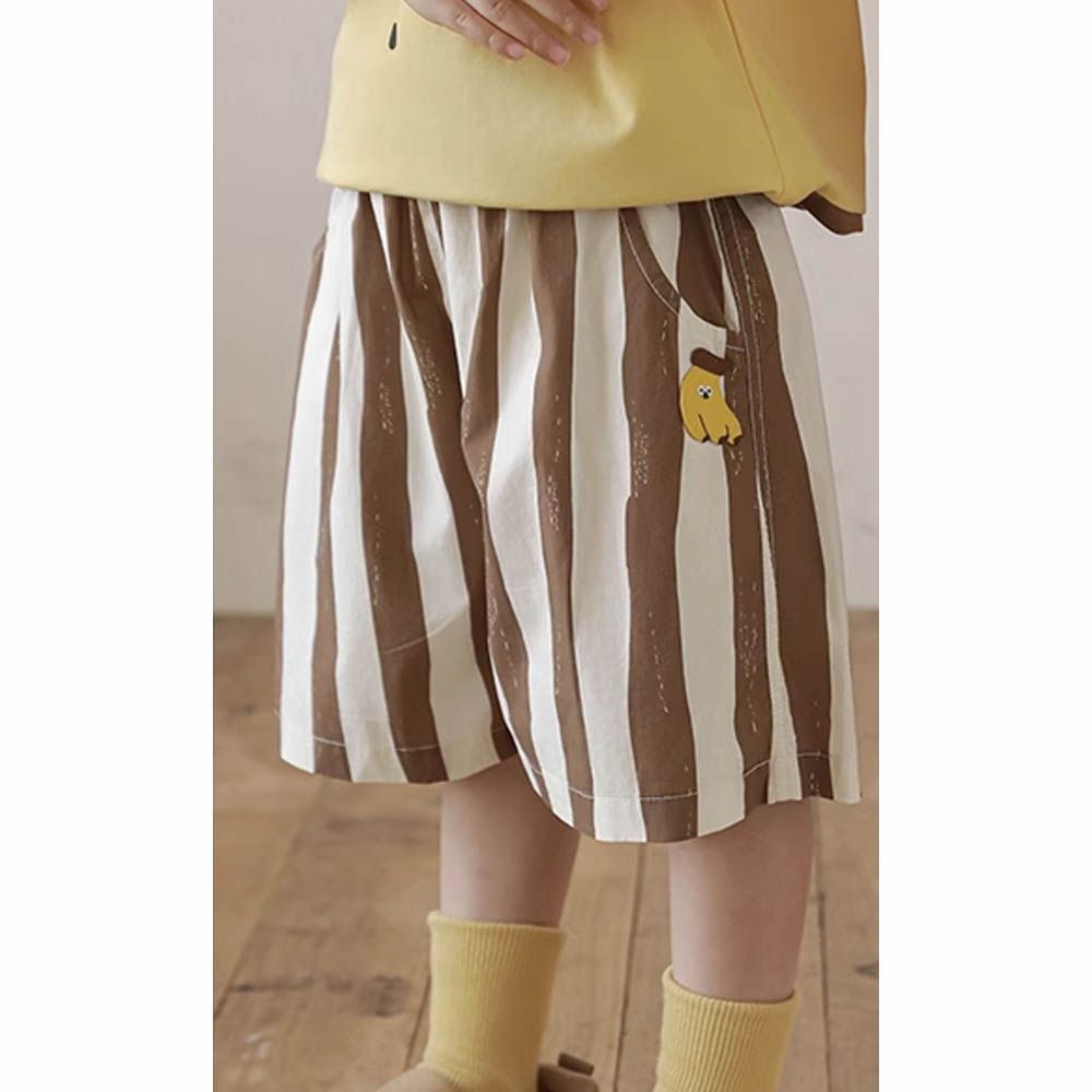 純棉腰鬆緊休閒短褲-拼色直條-香蕉