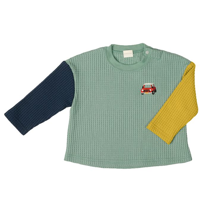 akachan honpo - 長袖裏起毛華夫格T恤-撞色袖-綠色