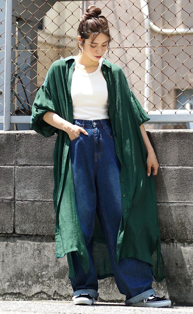 日本 zootie - 楊柳透膚澎澎袖長版襯衫/罩衫-深綠