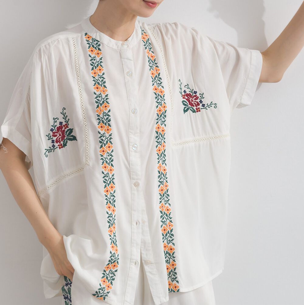 印度棉 質感民族風刺繡開襟短袖上衣-白