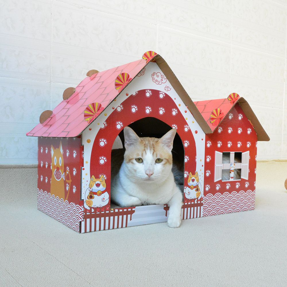 瓦愣紙製造型貓抓屋-歐風雙房-藍色 (53.5x35.x38cm)