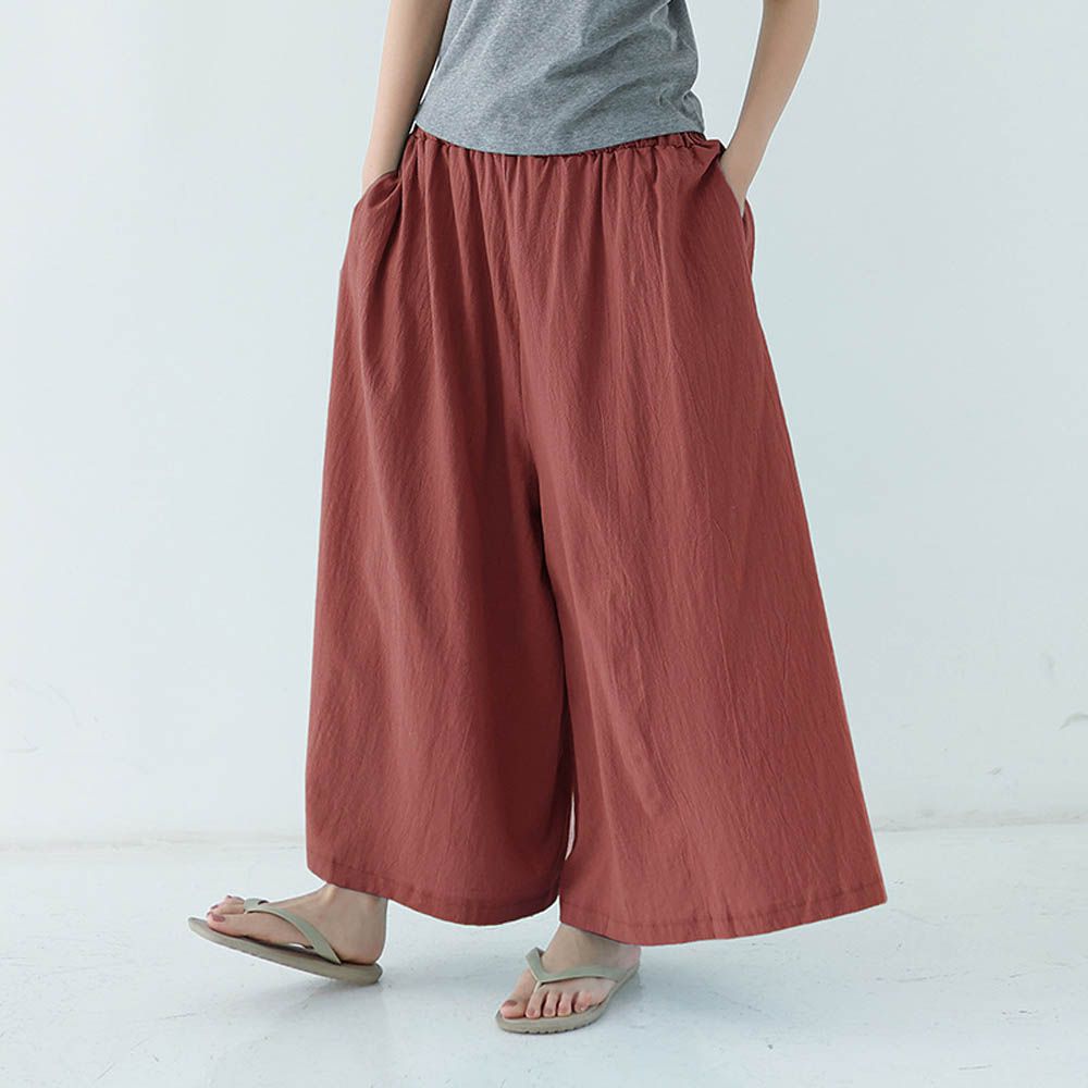 腰鬆緊百搭舒適寬褲-磚紅色