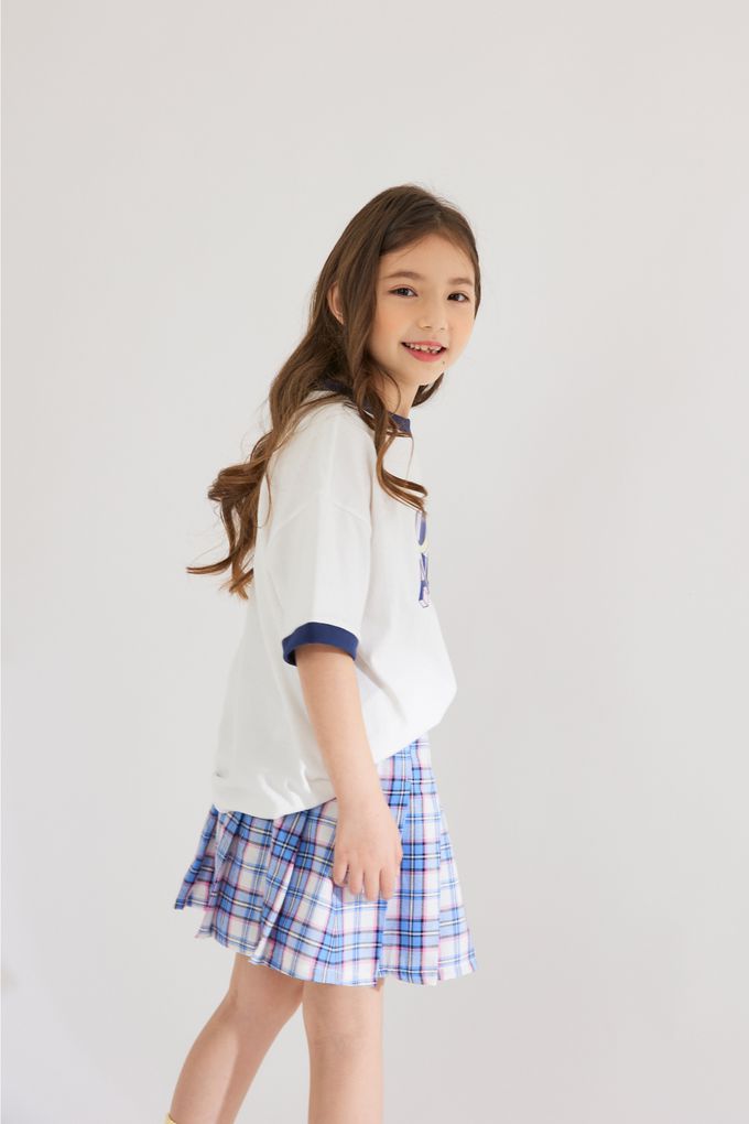 韓國 INDIVIDUEL - 鬆緊腰格子百摺短裙-藍X白